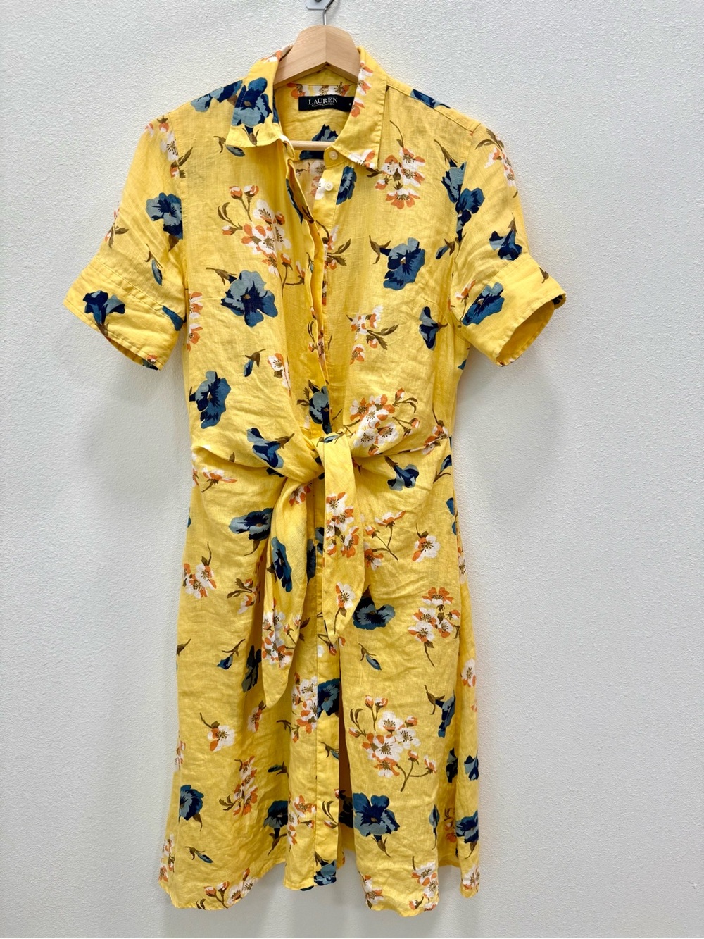 Ralph Lauren Yellow Floral Tie-Waist Shirt Linen Dress